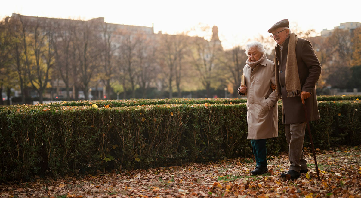 落ち葉の道を並んで散歩する老夫婦